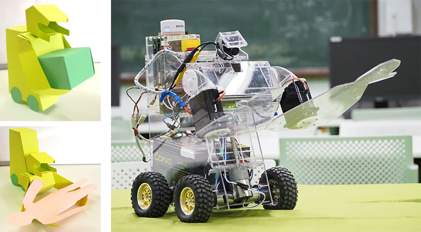 配達の仕事を行うロボットが災害発生時にレスキューロボットとして活躍する未来を想定しています。ヒューマノイド型の上半身を上下動させることが出来ます。これからもユニークなロボットの開発に努めていきます。