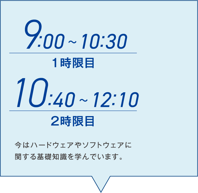 9:00~10:30 1時限/10:40~12:10 2時限目 今はハードウェアやソフトウェアに関する基礎知識を学んでいます。